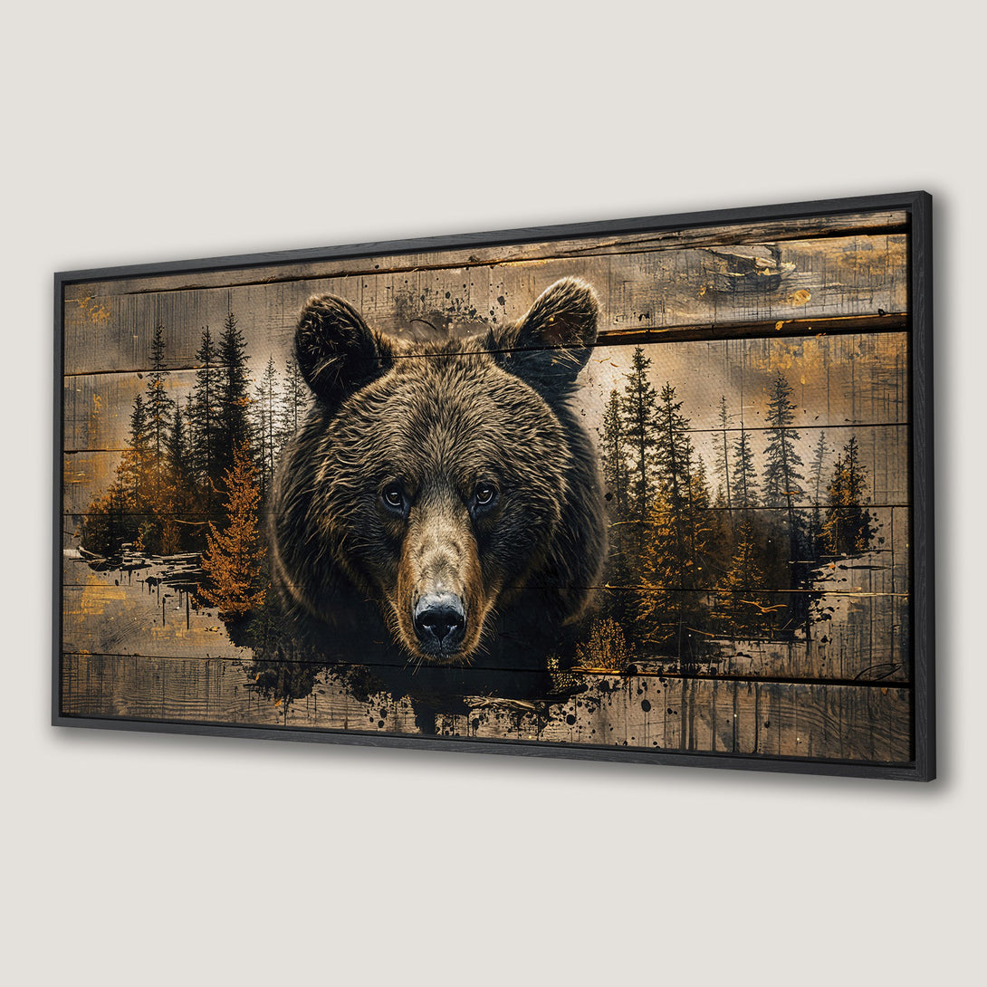Framed Wall Art: Grizzly bear portrait on wood. Rustic style with brown, gold, and black color palette. Perfect for cabin decor.