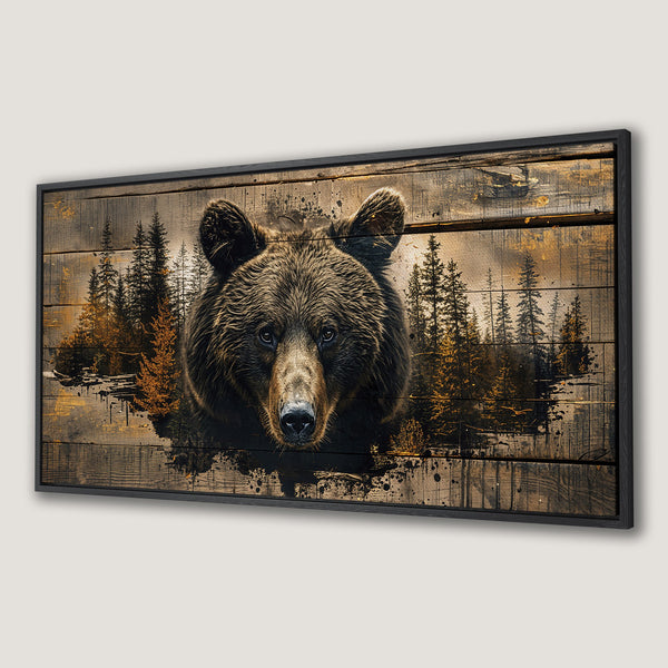 Framed Wall Art: Grizzly bear portrait on wood. Rustic style with brown, gold, and black color palette. Perfect for cabin decor.