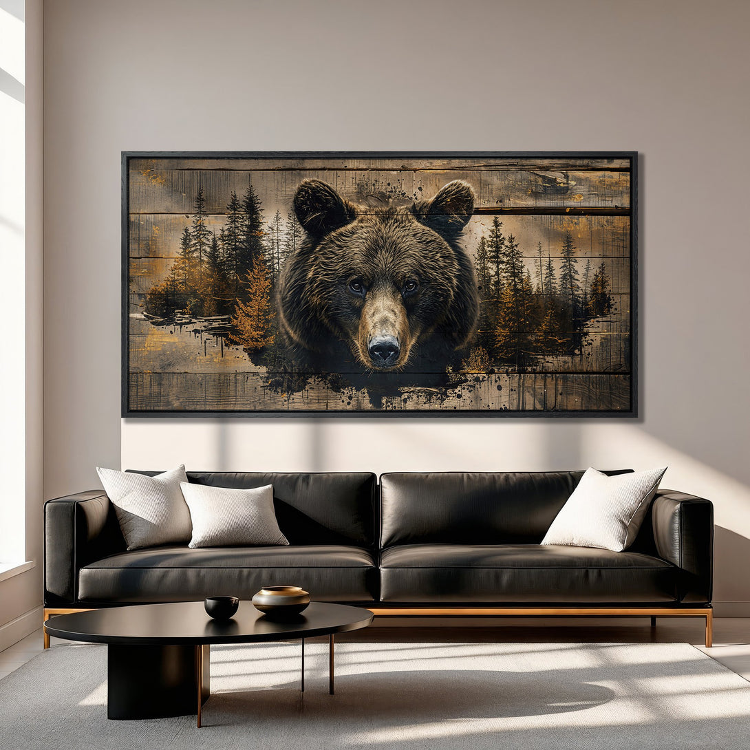 Framed Wall Art featuring a majestic bear in a rustic, nature-inspired style. Earthy tones and a striking design perfect for any living space.