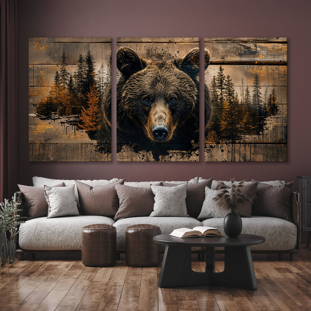 Canvas Print: Majestic bear art in a rustic style, featuring a brown and gold color palette. Perfect for adding a touch of nature to your home.