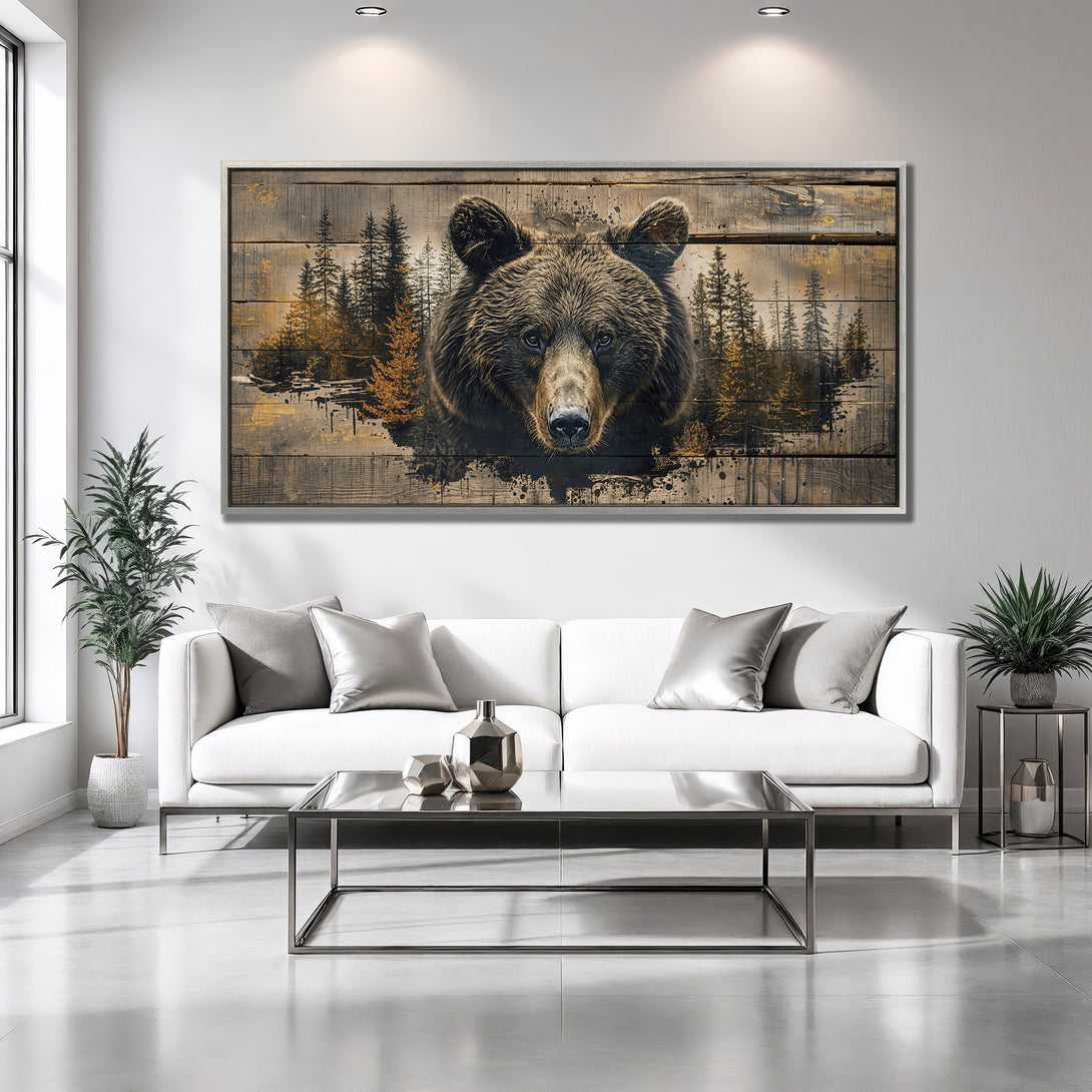 Framed Wall Art: Grizzly bear portrait with forest backdrop. Rustic style, earthy tones. Perfect for living room decor.