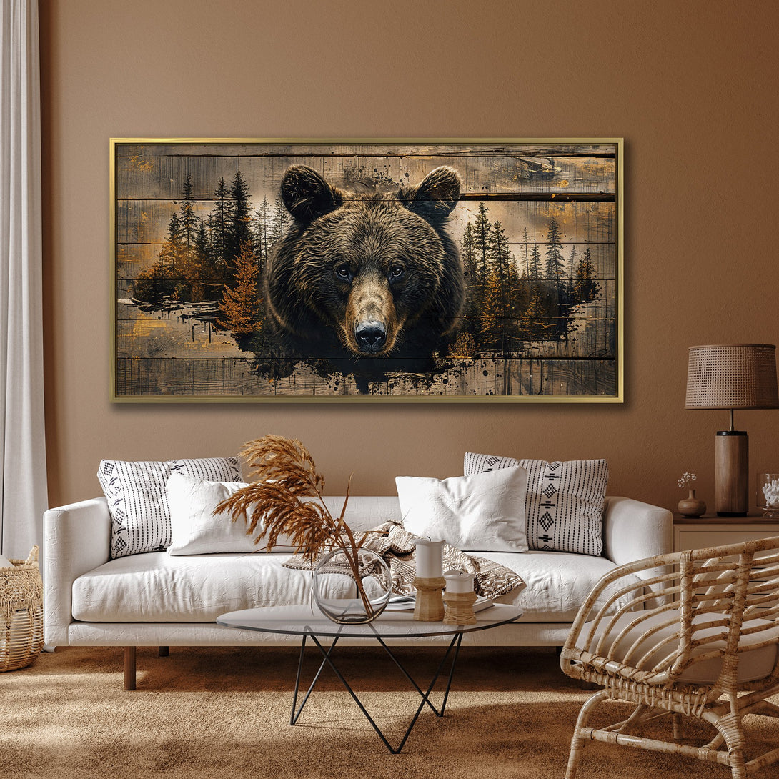 Canvas Print featuring a majestic bear portrait in a rustic, wood-effect style. Earthy tones of brown, gold, and black create a striking focal point.