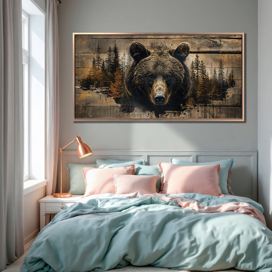Framed Wall Art featuring a majestic bear in a rustic style, displayed in a bedroom with a soft, pastel color palette. Add a touch of nature to your space!