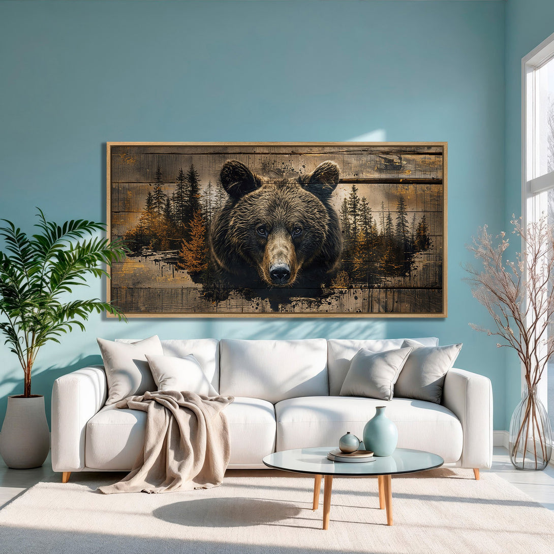 Framed Wall Art featuring a majestic bear in a rustic style. Earthy tones and a touch of gold create a warm, inviting aesthetic. Perfect for any room!