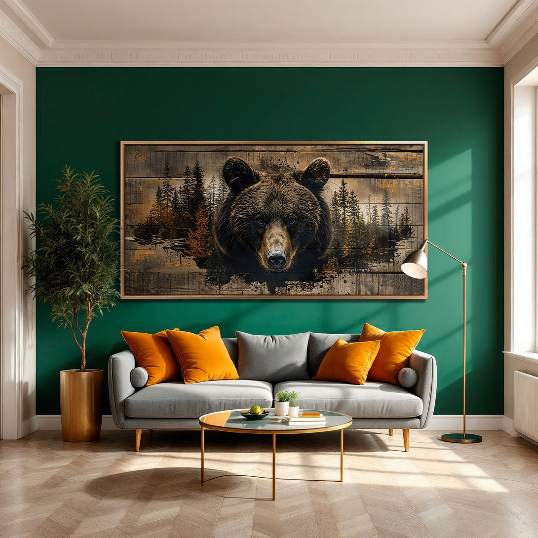 Framed Wall Art featuring a bear in a rustic style. Earthy tones on a wooden background, set in a modern living room with green walls and orange accents.