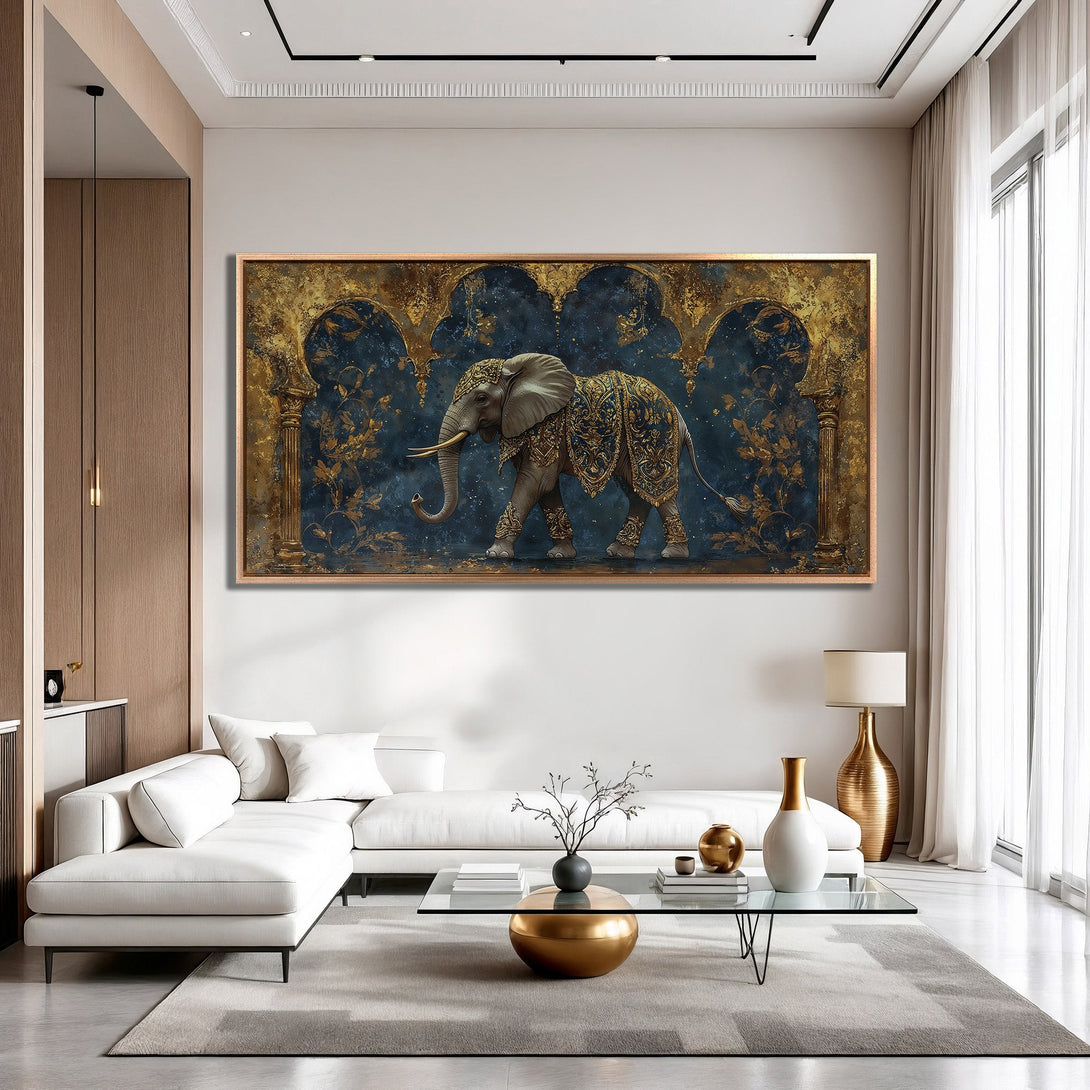 Framed Wall Art: Majestic elephant canvas print in a luxurious interior. Features ornate details, a rich blue and gold palette, perfect for adding elegance to your space.