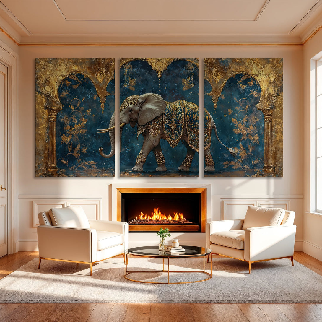 Elegant Canvas Print featuring an ornate elephant in a luxurious interior. Rich blue and gold color palette, perfect for a statement piece.