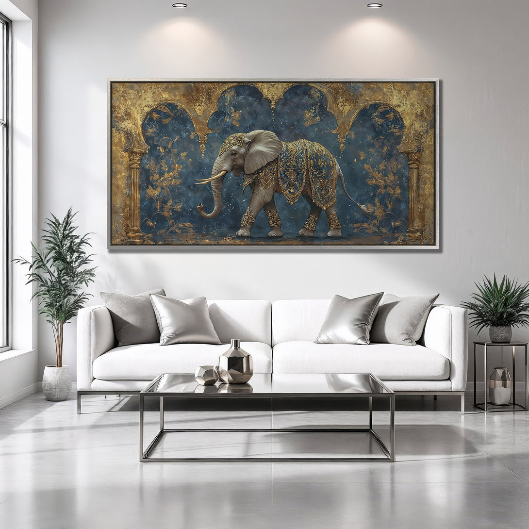 Framed Wall Art featuring an elegant elephant in a blue and gold color palette, perfect for adding a touch of sophistication to your home.