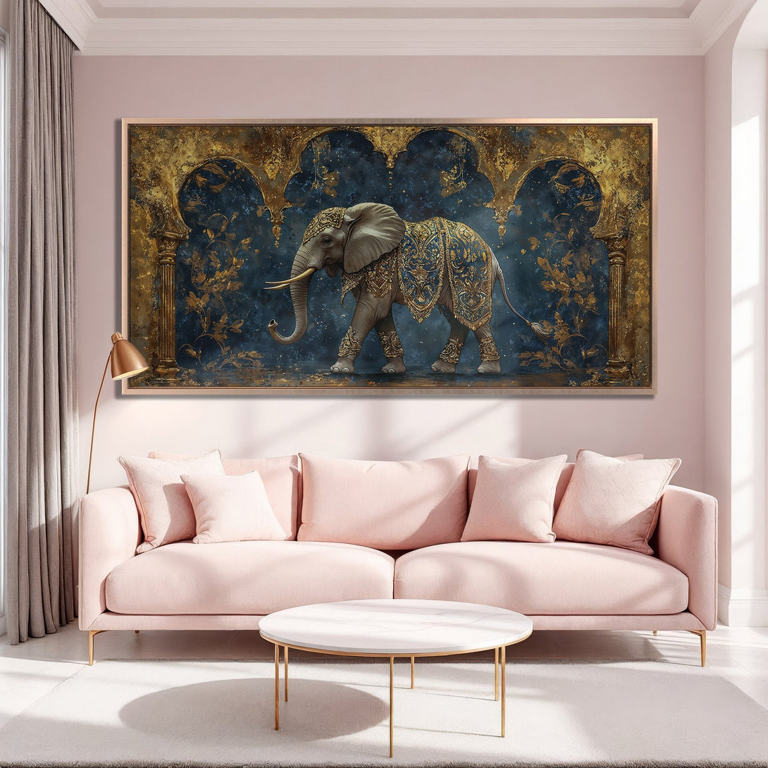Framed Wall Art featuring an ornate elephant in a blue and gold color palette, perfect for adding a touch of luxury to any space.