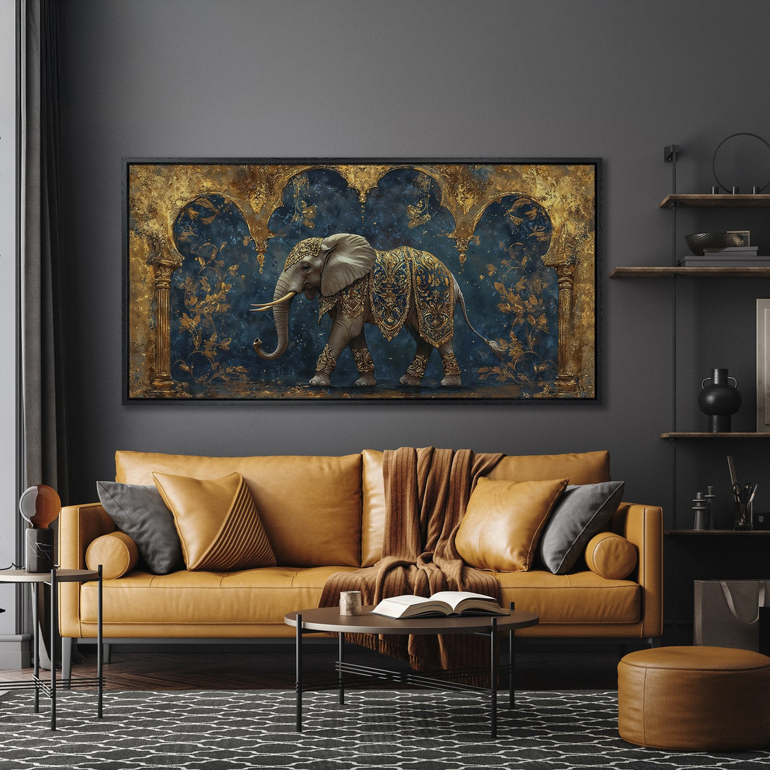Framed Wall Art: Majestic elephant canvas print in gold and blue tones. Adds a touch of luxury and elegance to any interior. Shop now!