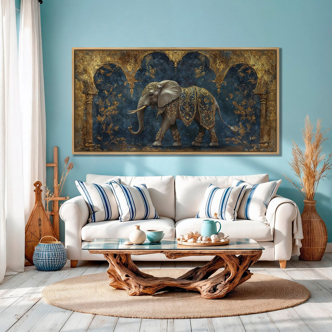 Framed Wall Art: Majestic elephant art in gold and blue hues. Add a touch of elegance to your space with this stunning canvas print.