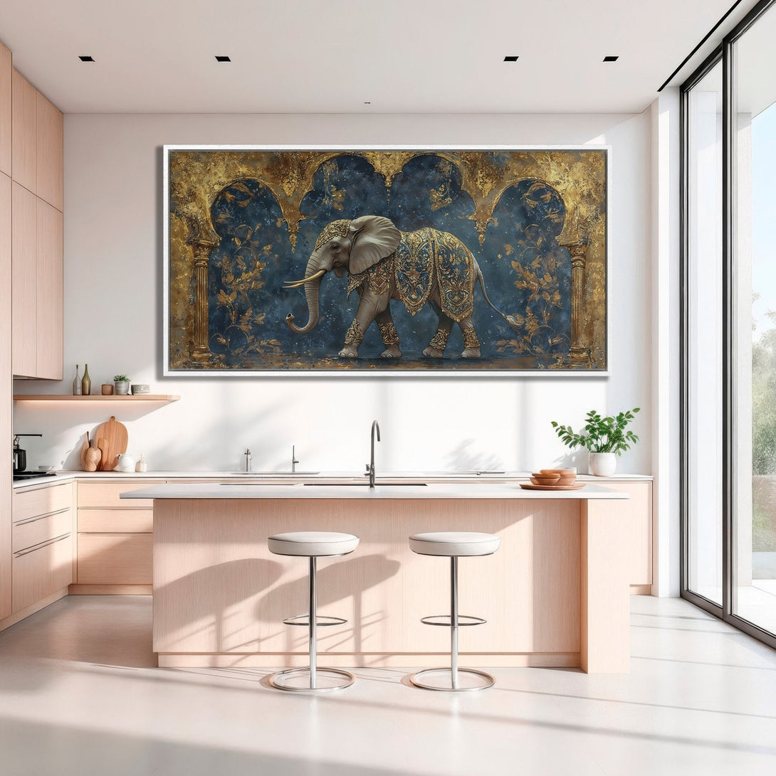Framed Wall Art: Elegant elephant canvas print in a modern kitchen. Features a detailed, gold-accented design on a blue and gold backdrop. Elevate your home decor!