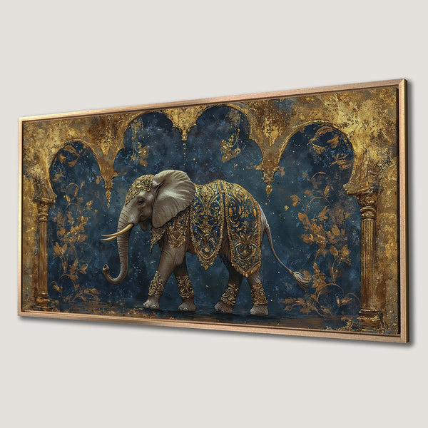 Framed Wall Art: Regal elephant in ornate gold and blue, adding luxury to any space. Perfect for a touch of exotic elegance.