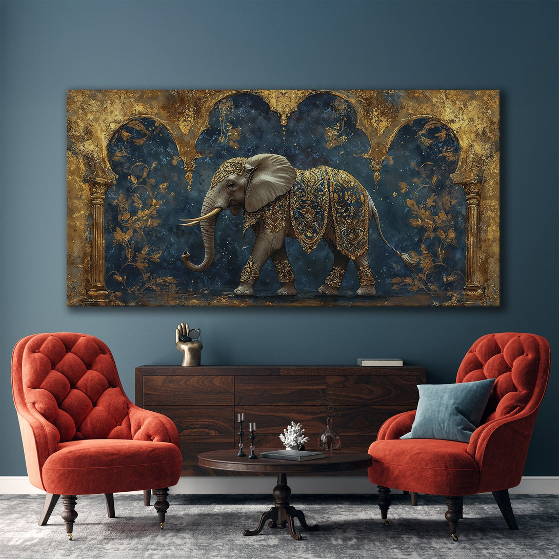 Framed Wall Art: Majestic elephant canvas print in a luxurious gold and blue color palette. Perfect for adding an elegant touch to any interior.