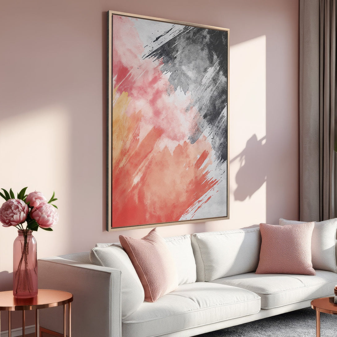Framed Wall Art abstract print in blush, coral, & gray. Modern art canvas print for living room decor. Shop now!