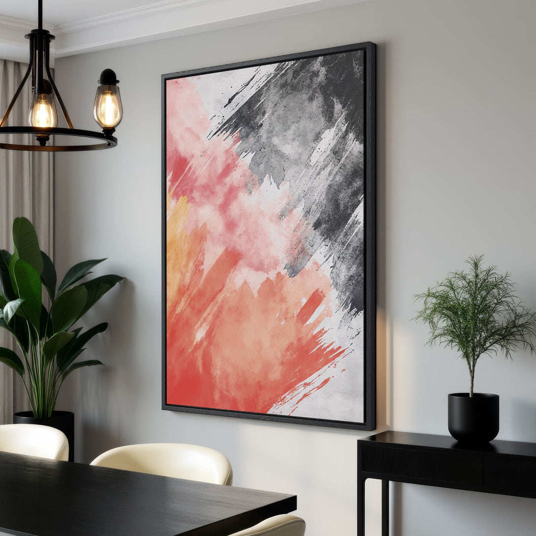 Framed Wall Art: Abstract canvas print with a vibrant red, gray, and black color palette. Modern art piece perfect for any interior design.