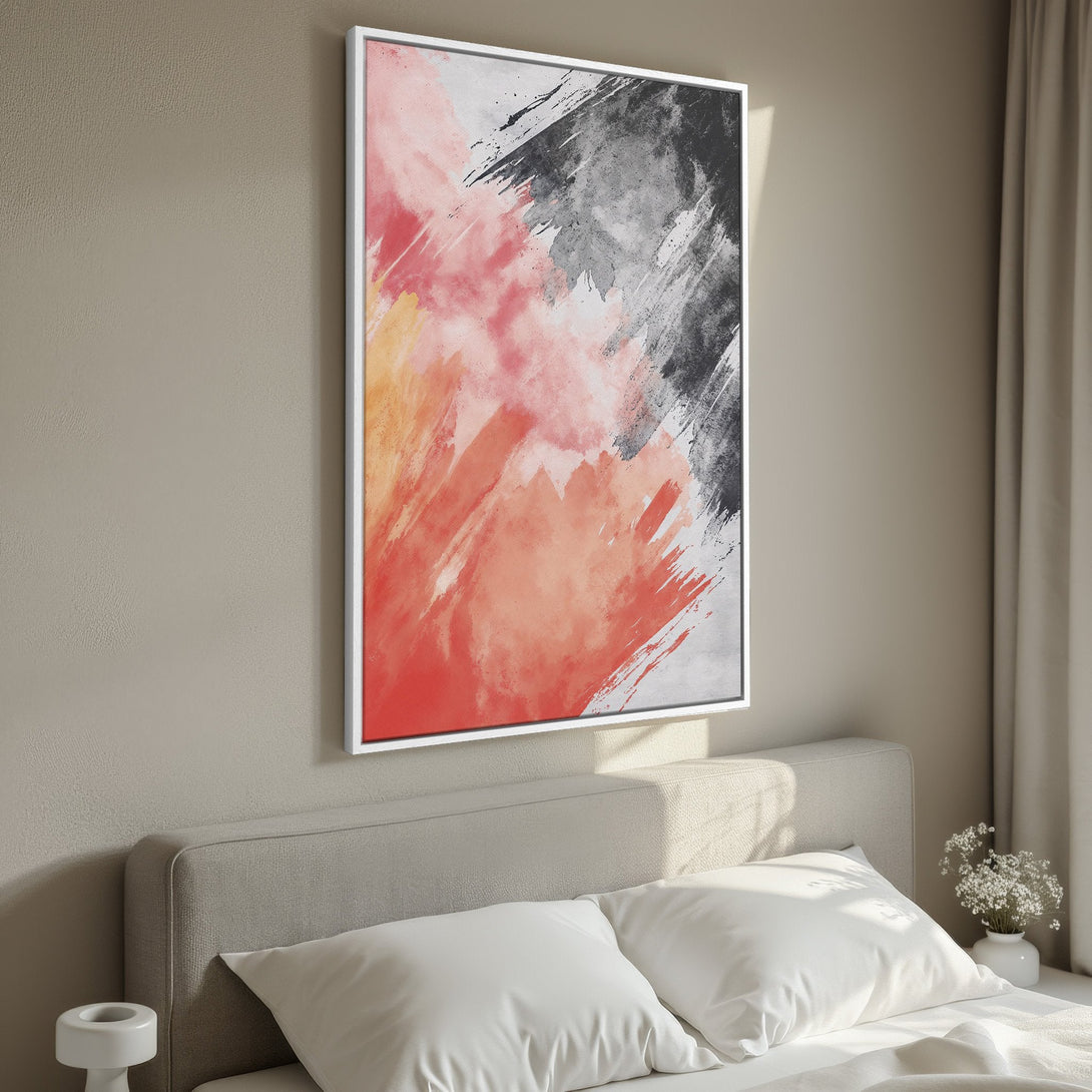 Framed Wall Art: Abstract brushstroke art in red, black, and yellow. Modern canvas print for bedroom decor. Enhance your space with this vibrant artwork.