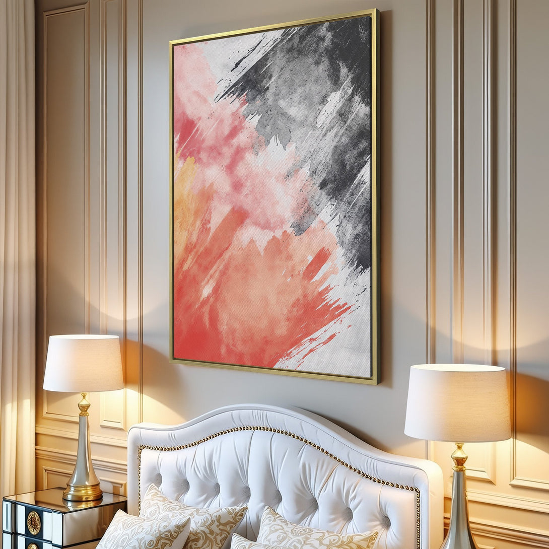 Abstract Canvas Print in a modern living room. Features a bold, brushstroke design with a warm, red and gray color palette. Perfect for adding art to your home!