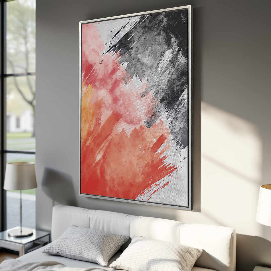 Framed Wall Art: Abstract expressionist canvas print in red, black, and gray, displayed in a modern bedroom interior. Shop now for unique wall decor!