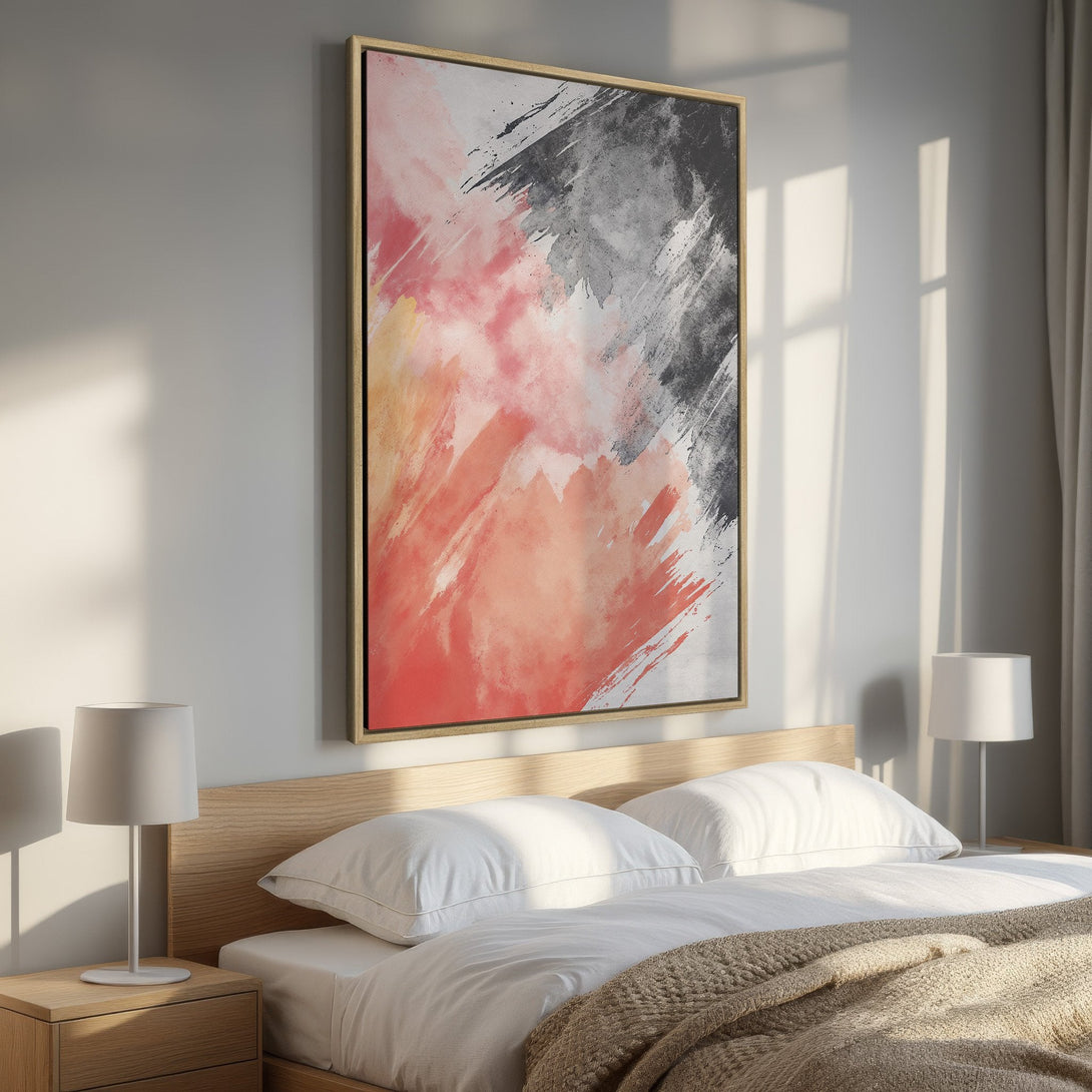 Framed Wall Art featuring an abstract brushstroke design in a warm red, gray, and black color palette, perfect for bedroom decor.