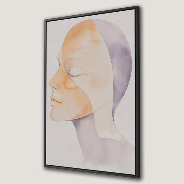 Framed Wall Art featuring a watercolor portrait of a woman's face in warm orange and purple tones. Modern art for a stylish home.