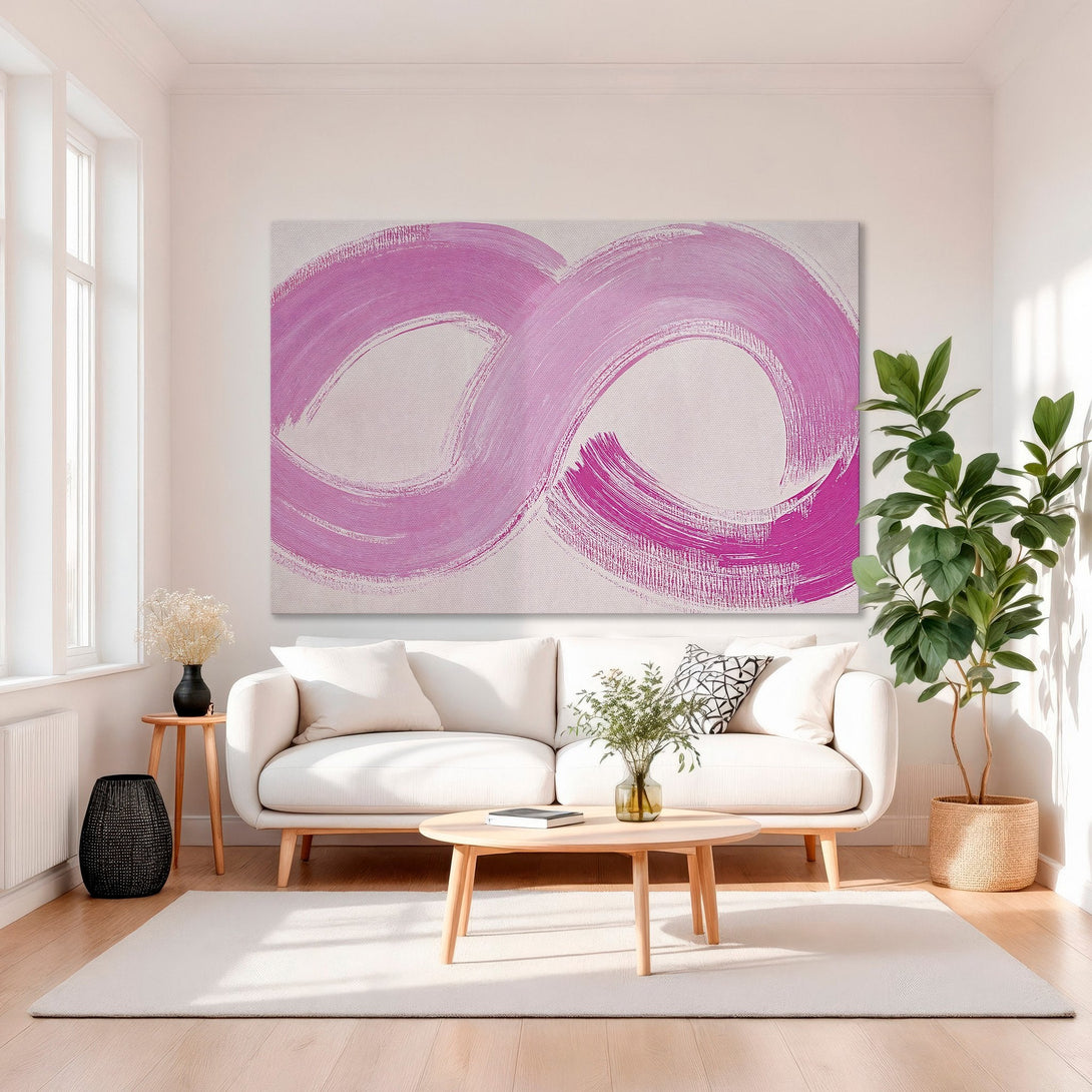 Framed Wall Art featuring abstract pink brushstrokes on a light background. Modern art piece adds a pop of color to any interior.