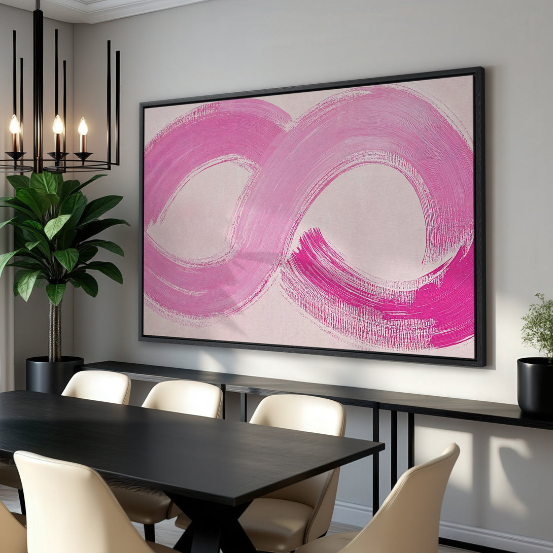 Framed Wall Art: Abstract pink brushstroke design on canvas. Modern art in a dining room setting. Elevate your space with this vibrant piece!