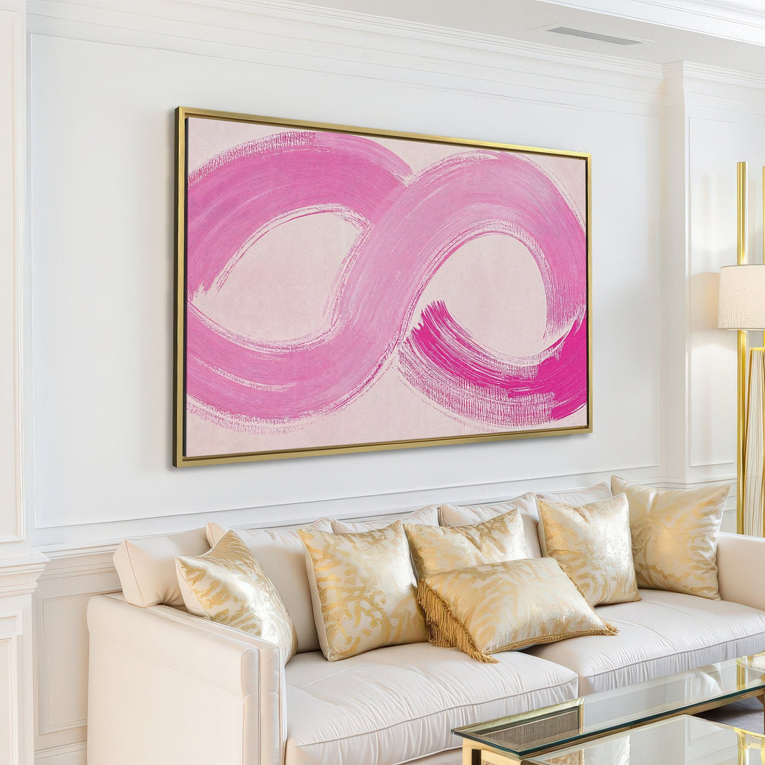 Abstract Canvas Print in a modern living room, featuring a pink brushstroke design. Adds a pop of color to any space!