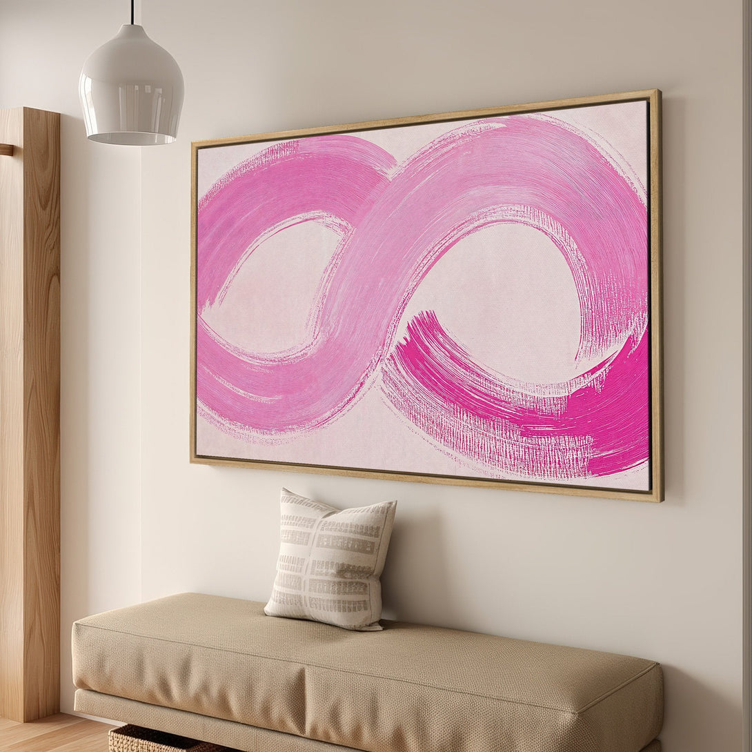 Framed Wall Art: Abstract pink brushstroke design on canvas. Modern art in a neutral interior. Perfect for adding a pop of color!