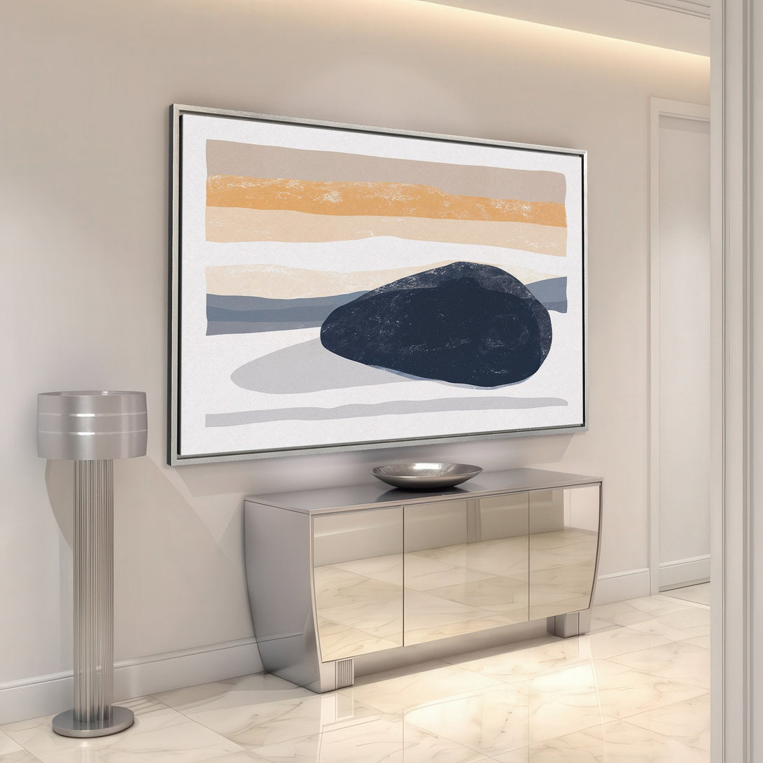 Framed Wall Art featuring an abstract landscape with a dark stone, warm neutral color palette. Modern art for your home decor.