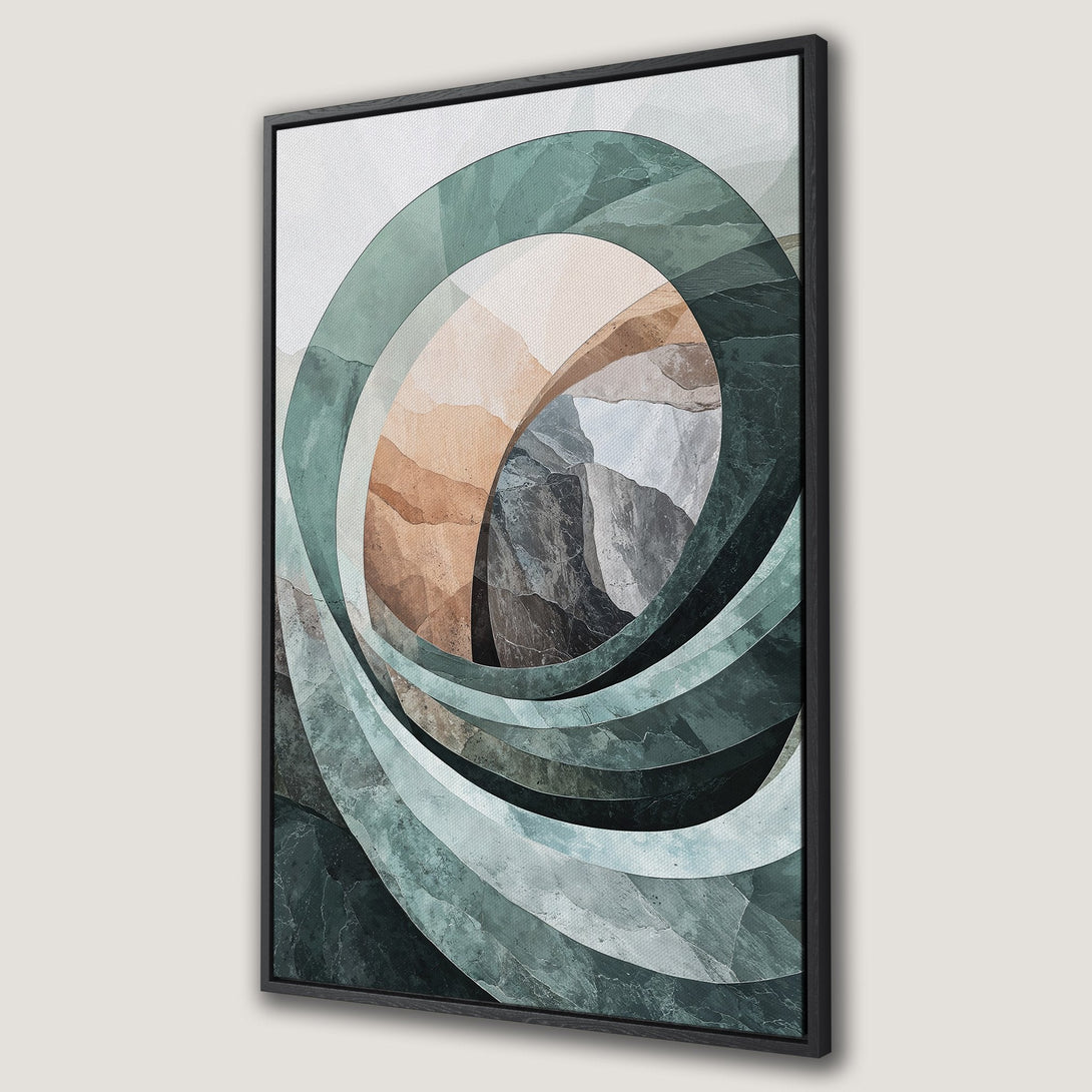 Framed Wall Art: Abstract geometric design in teal, brown, and gray tones. Modern canvas print for a stylish interior. Elevate your space with this art piece.