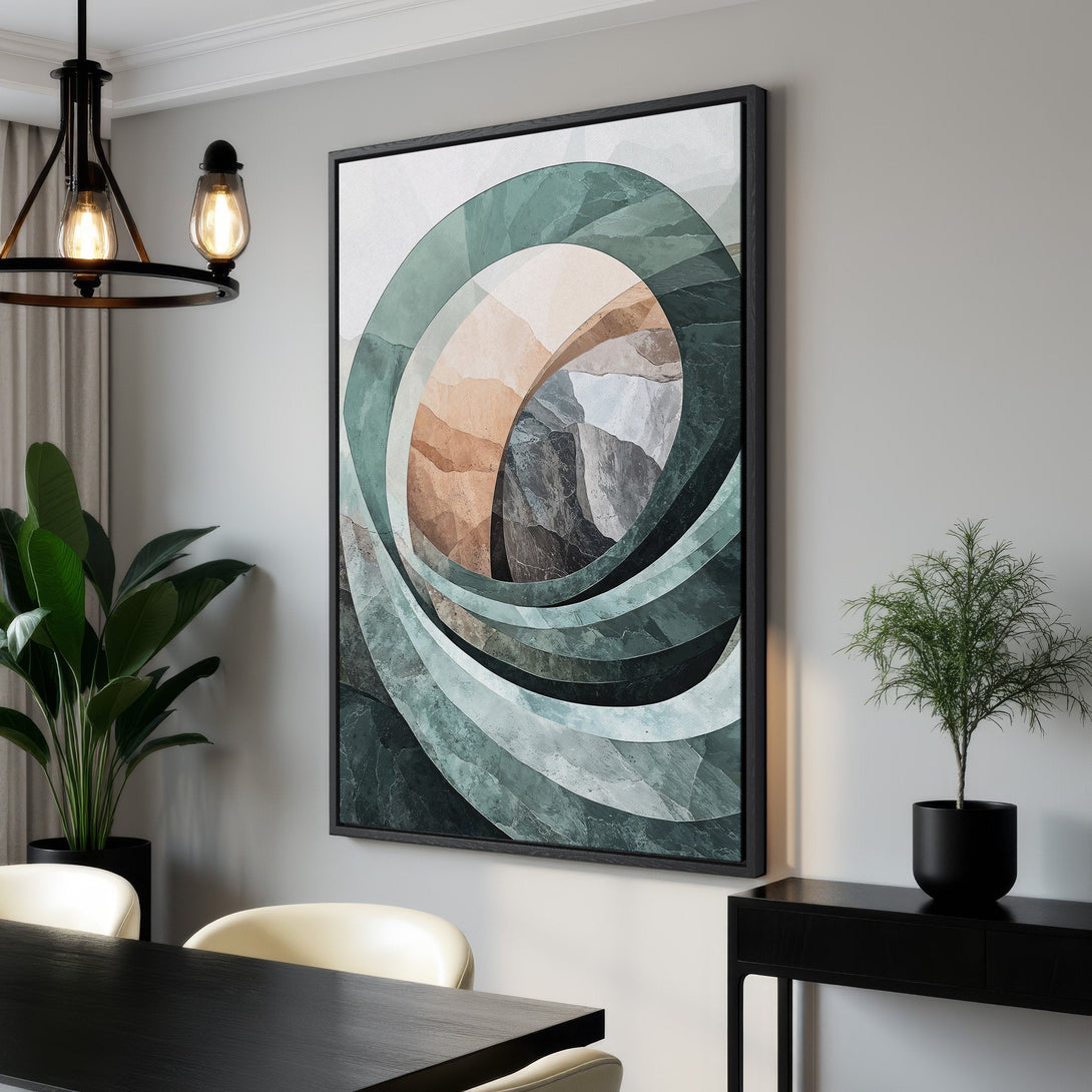 Framed Wall Art featuring an abstract swirl design in a calming green, beige, and gray color palette. Perfect for adding a touch of modern elegance to any space.