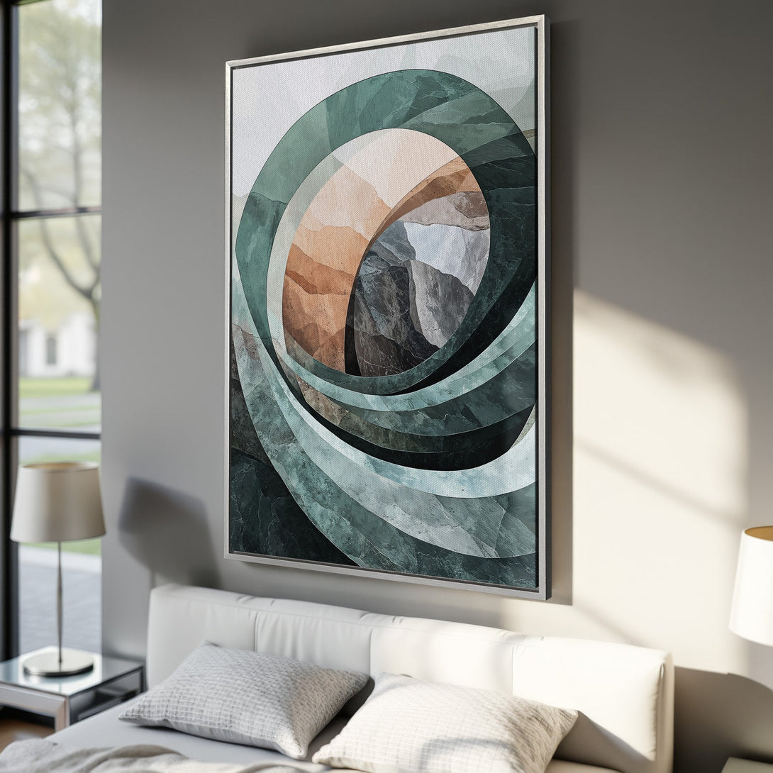 Framed Wall Art: Abstract landscape Canvas Print in teal, brown, and gray tones. Modern art for bedroom decor. Enhance your space with this stylish artwork.