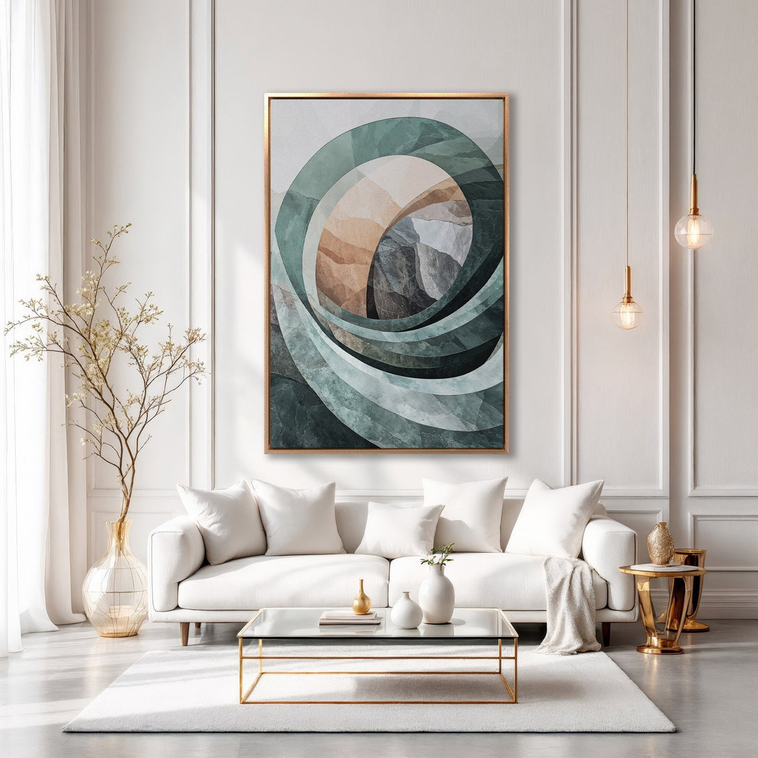 Framed Wall Art in modern living room. Abstract art Canvas Print with teal, brown, and gray tones. Enhance your home decor with this stylish piece.
