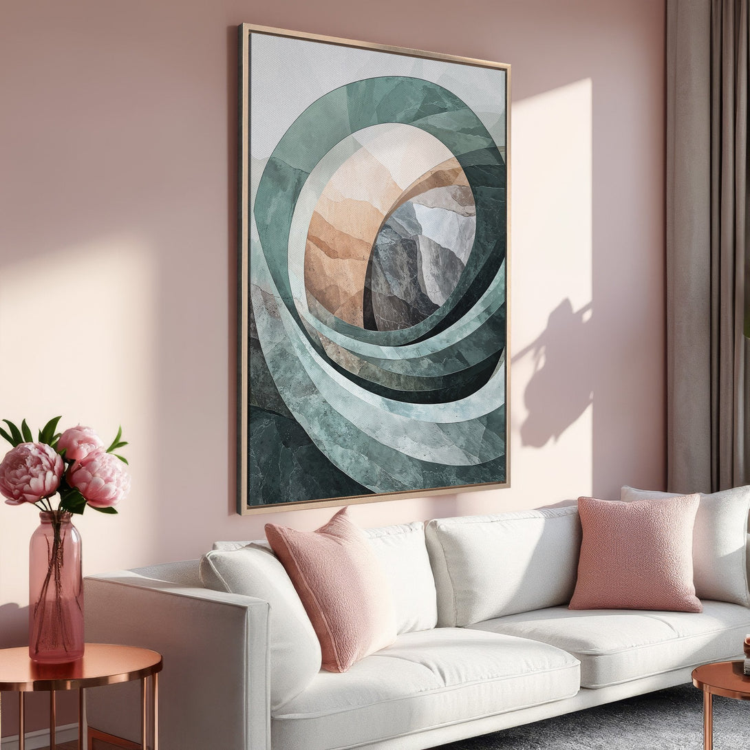 Framed Wall Art: Abstract geometric design in teal, beige, and gray tones. Modern art canvas print adds a touch of elegance to any interior space.