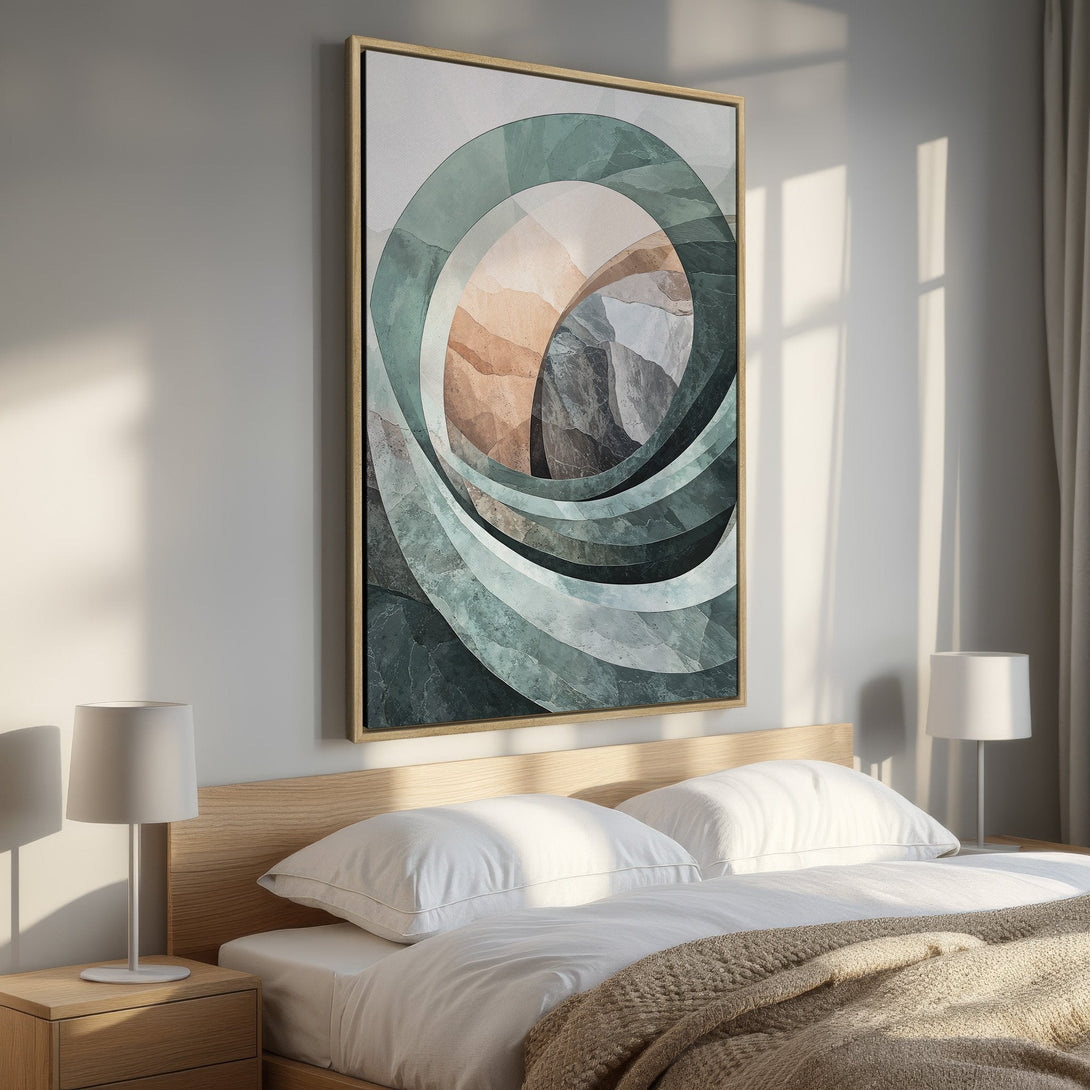 Framed Wall Art featuring abstract geometric design in teal, brown, and gray tones. Modern art for bedroom decor.