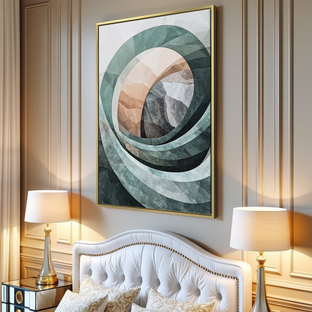Abstract Canvas Print in a modern interior. Features a swirling design in teal, gray, and beige tones. Perfect for adding a touch of art to your living room.