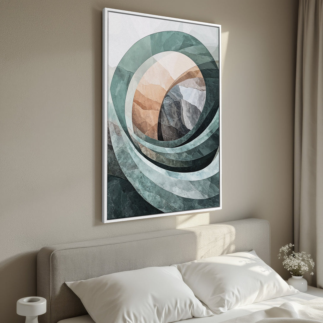 Framed Wall Art: Abstract geometric art in teal, brown, and gray tones. Modern canvas print adds a touch of elegance to any bedroom decor.