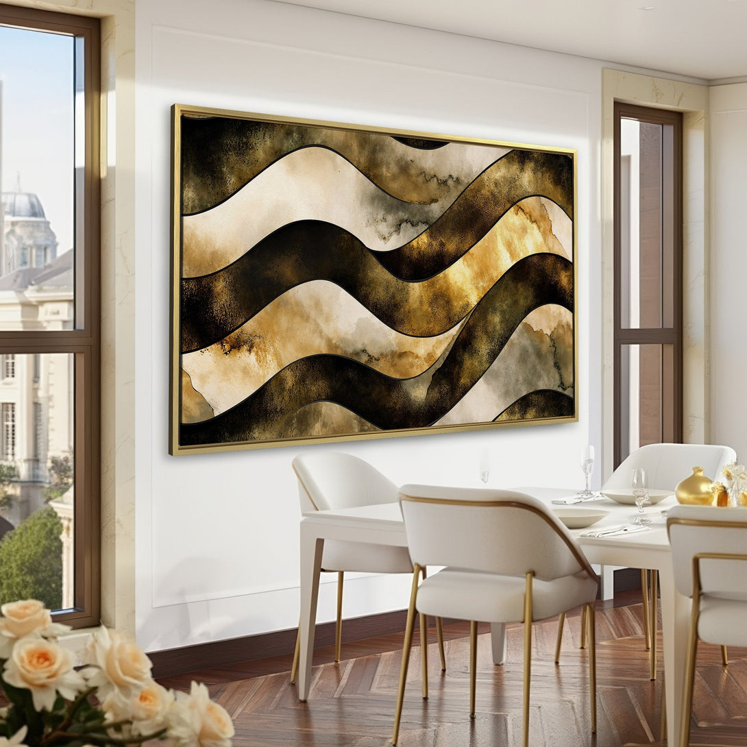 Abstract Canvas Print in a modern interior. Features a wave design in neutral tones of beige, gold, and black. Perfect for adding sophistication.