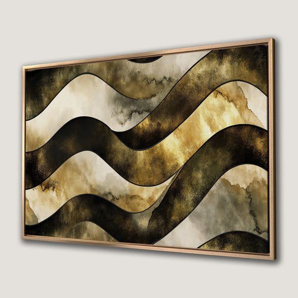 Framed Wall Art featuring abstract waves in a warm, earthy color palette of gold, brown, and cream. Perfect for modern home decor.
