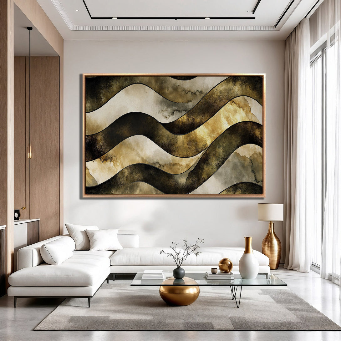 Framed Wall Art featuring an abstract wavy design in neutral tones of gold, black, and beige. Modern art for a stylish living room.