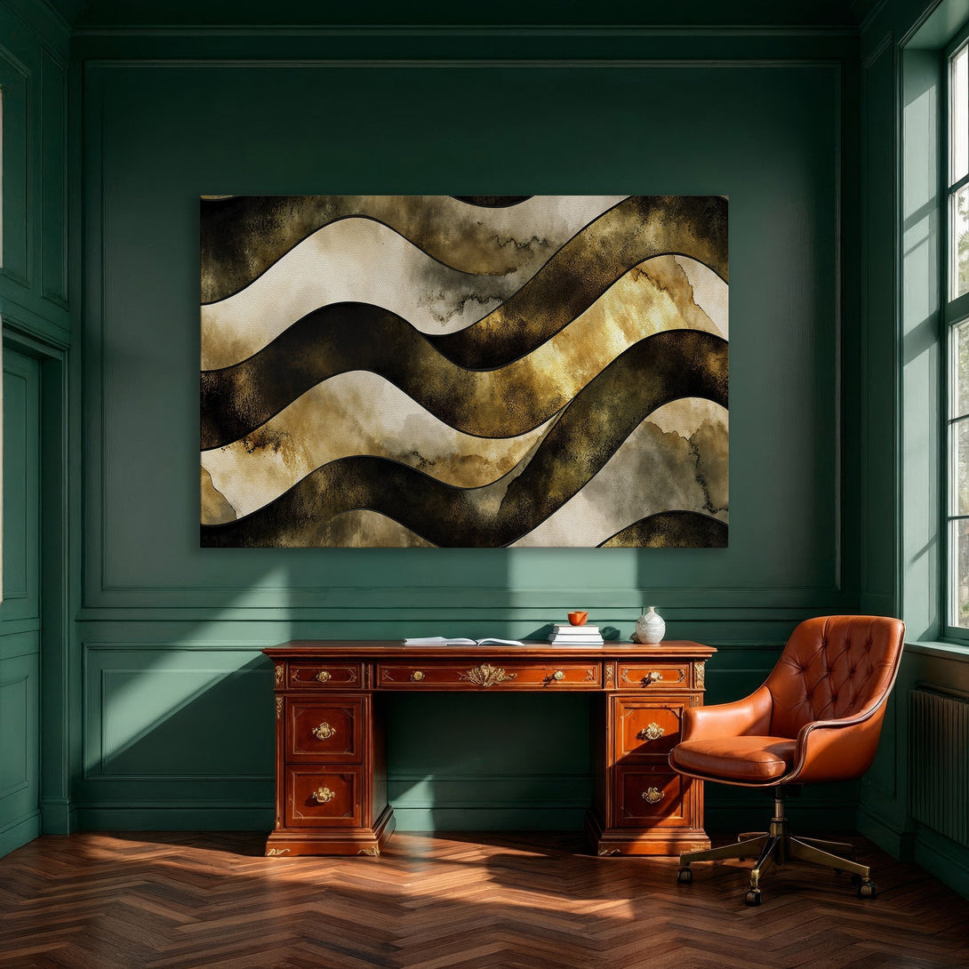 Framed Wall Art: Abstract wave design in warm gold, beige, and black tones. Modern canvas print adds elegance to any dining room.