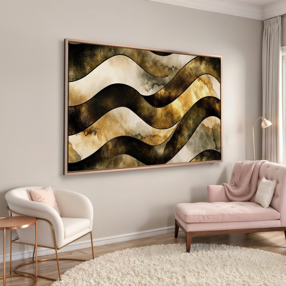 Framed Wall Art: Abstract wave design in gold, black, and cream tones. Modern art print perfect for living room decor.