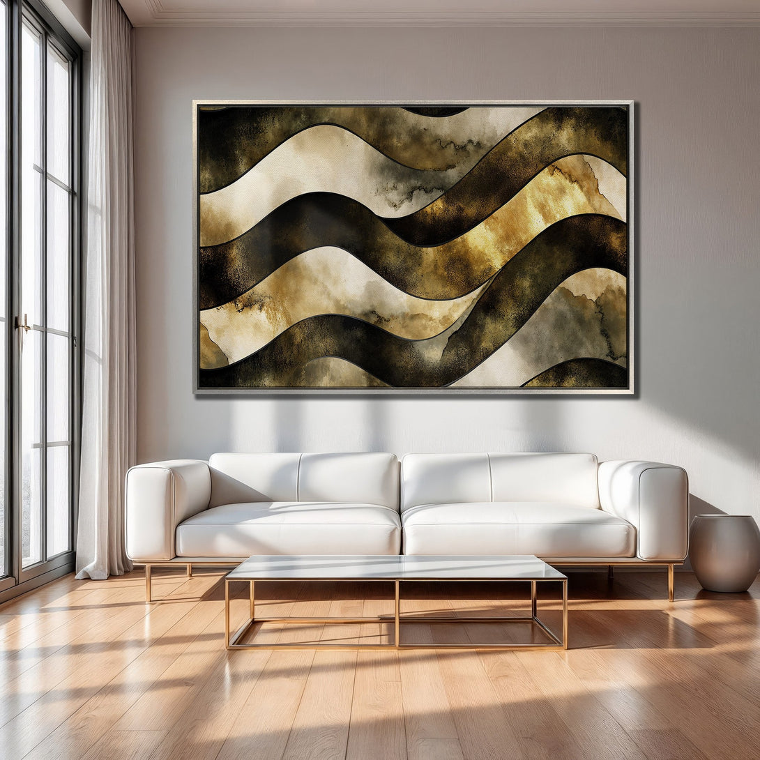 Framed Wall Art: Abstract wave design in neutral tones of beige, gold, and black. Modern art for living room decor.