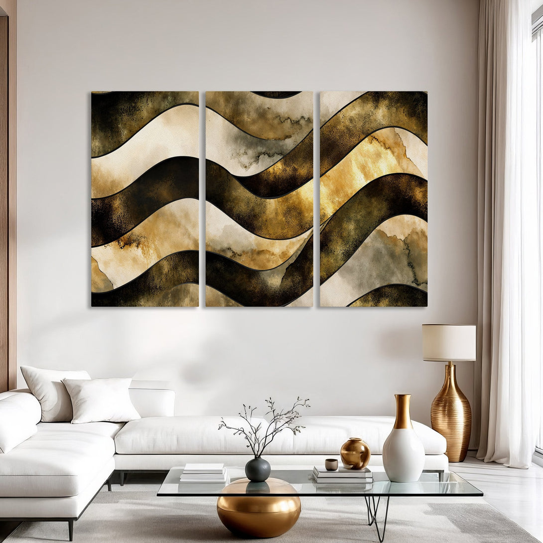 Abstract Canvas Print triptych in warm tones of gold, brown, and cream. Modern wall art for living room decor.