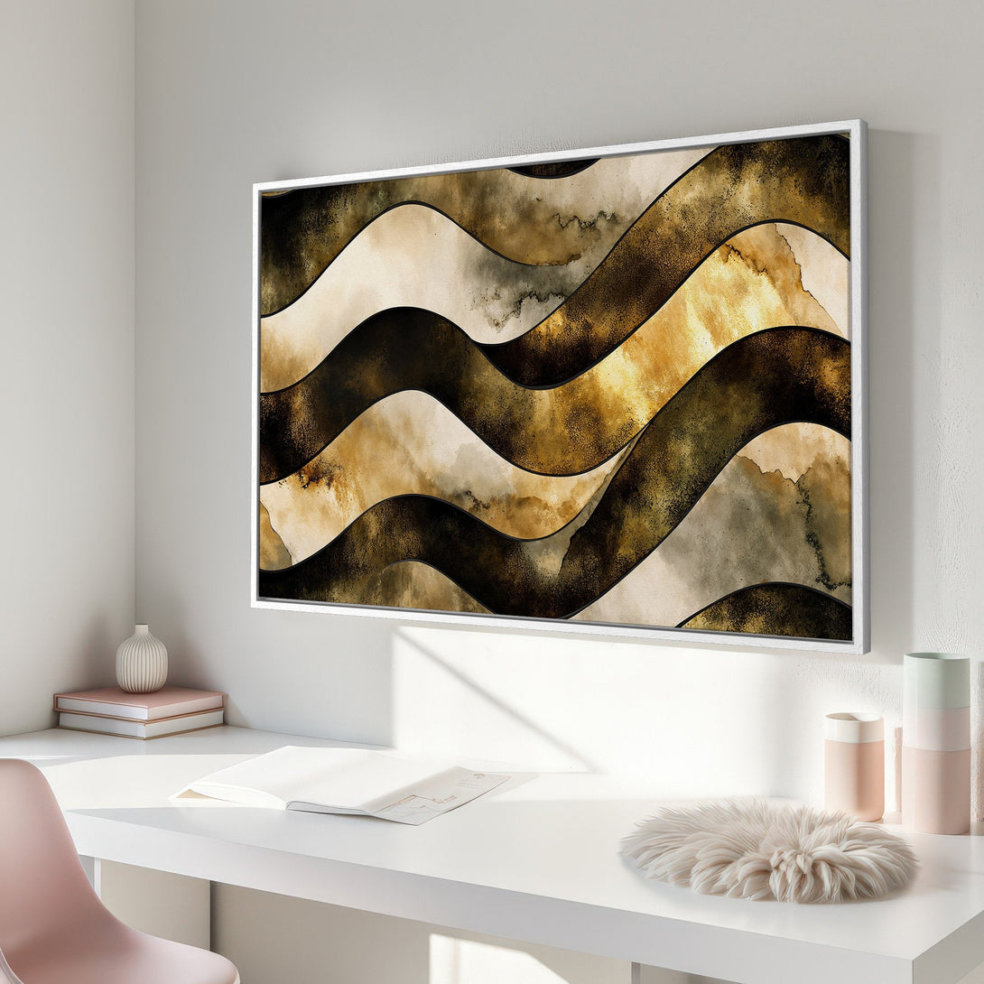 Framed Wall Art featuring abstract wave design in warm gold, brown, and beige tones. Modern art for home decor.