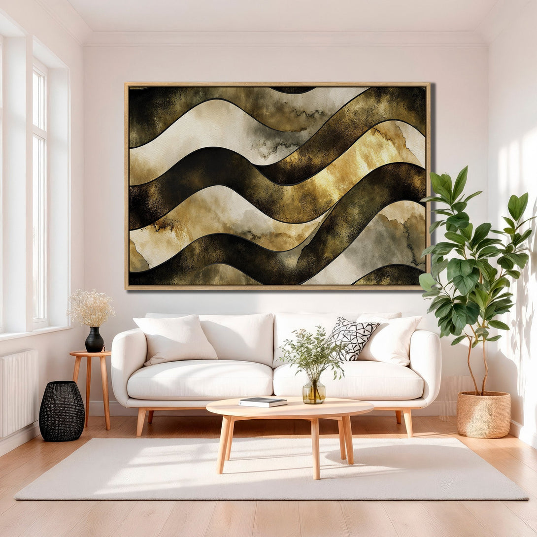 Framed Wall Art featuring abstract wave design in neutral tones of gold, brown, and cream. Modern art for living room decor.
