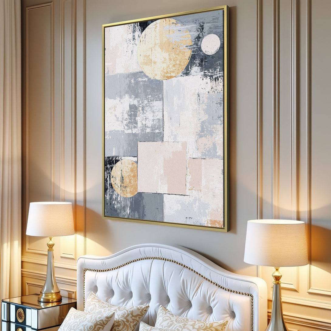 Abstract Canvas Print in neutral tones. Modern art with geometric shapes and a muted color palette of beige, gray, and blush. Perfect for any interior.