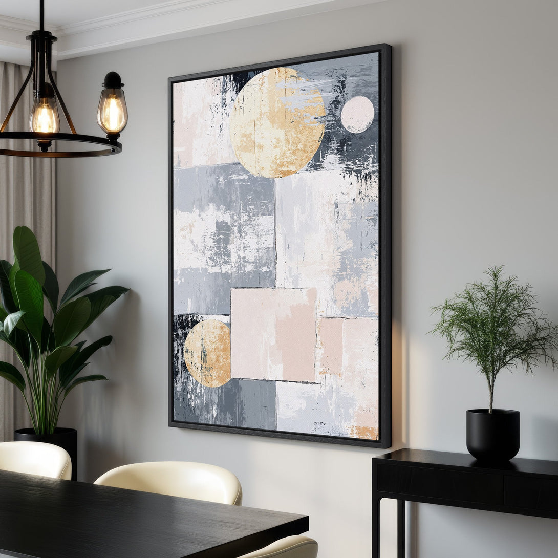 Framed Wall Art: Abstract art canvas print in neutral tones. Modern, textured artwork with beige, gray, and blush color palette. Elevate your space with this statement piece!