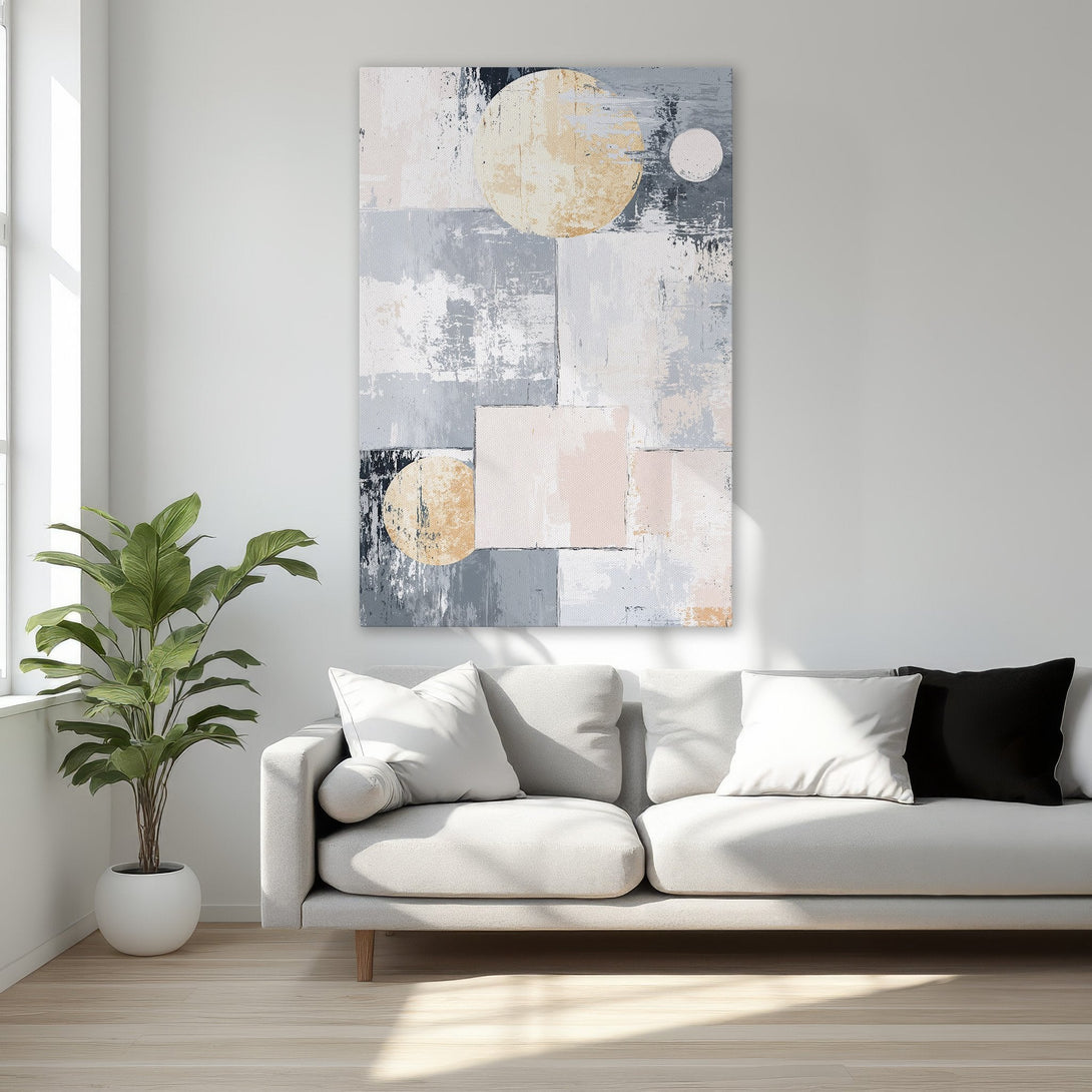 Framed Wall Art: Abstract art print with circles & geometric shapes in neutral tones. Elevate your space with this modern canvas print.